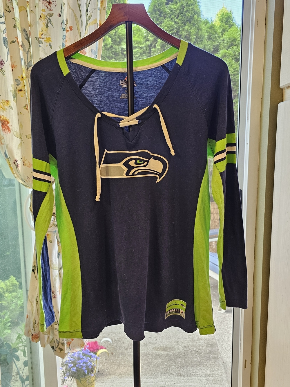 Seattle Seahawks Navy & Lime Lace-Up Long Sleeve Tee